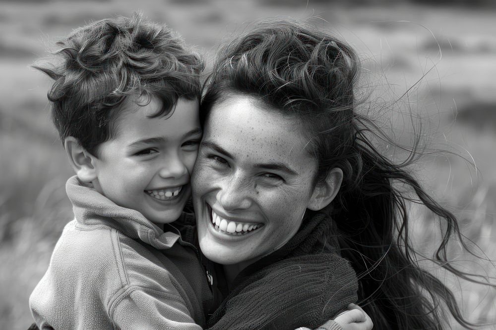 Happy mother and son photography portrait laughing.