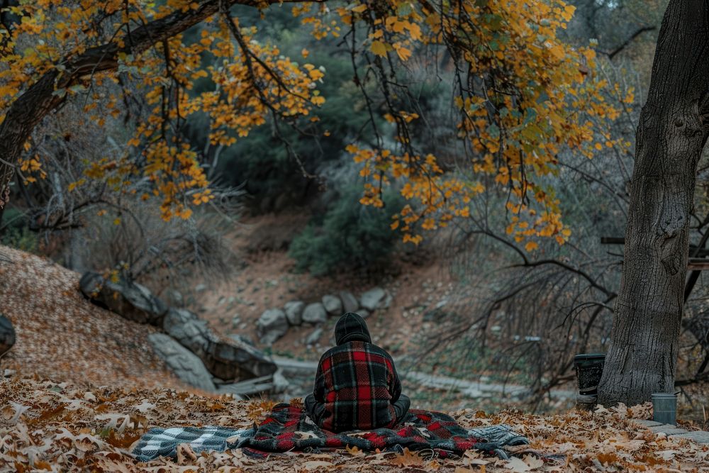 Homeless sitting at hill blanket autumn person.