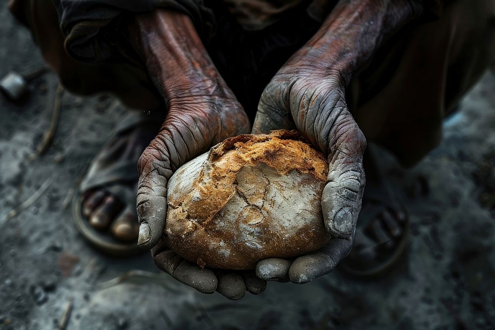 Poverty hand holding a bread ammunition weaponry cooking.