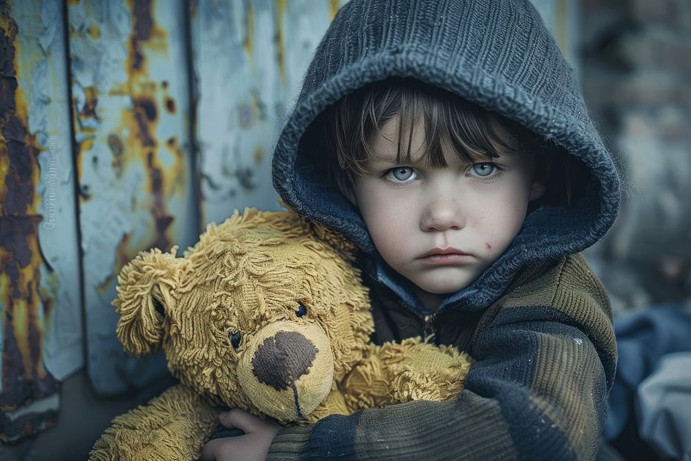 Poverty kid with teddybear photography portrait worried.