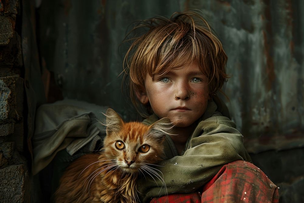 Poverty kid portrait with cat photography person animal.