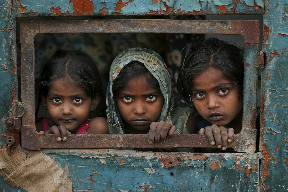 Poverty kids portrait female person hiding.