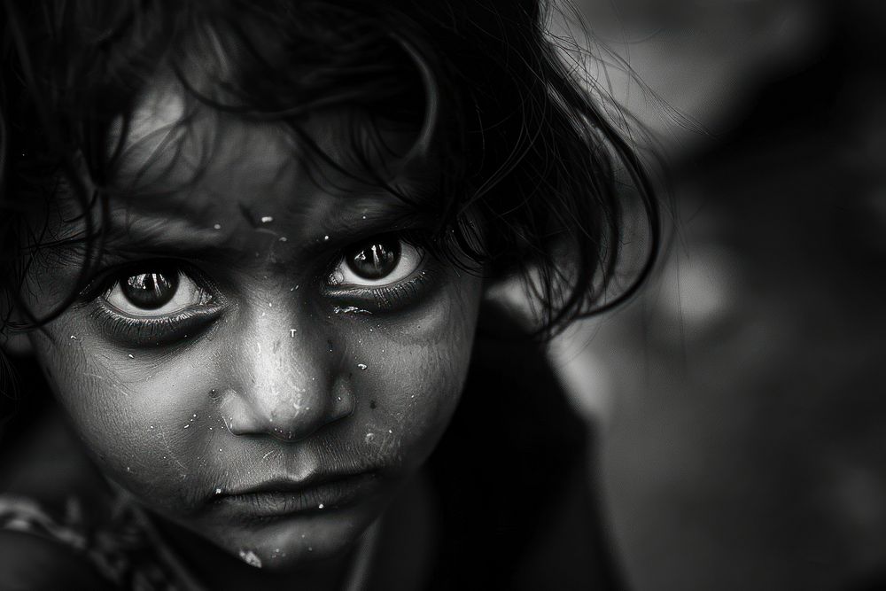 Poverty kids portrait photography worried person.