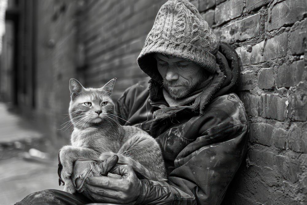 Poverty portrait with cat photography architecture clothing.