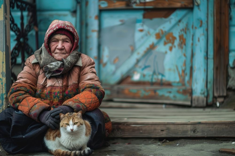 Poverty portrait with cat accessories accessory clothing.
