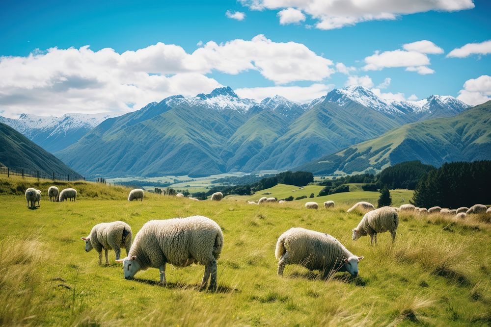 New zealand sheep landscape grassland.
