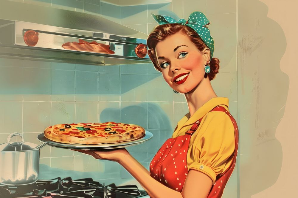 Woman pizza advertisement appliance.