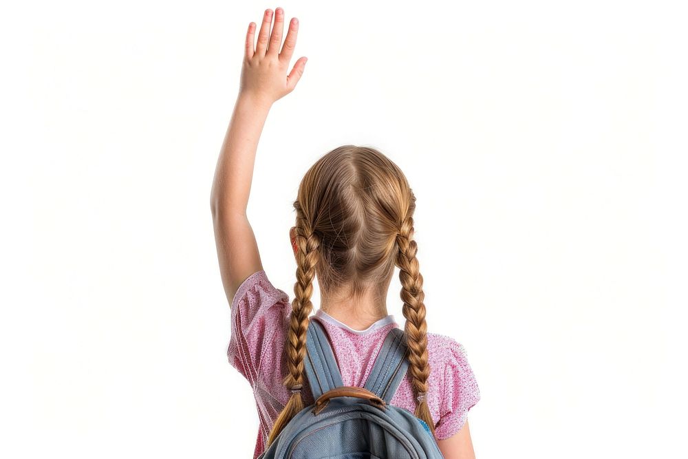 Girl raising hand to answer a question backpack female person.