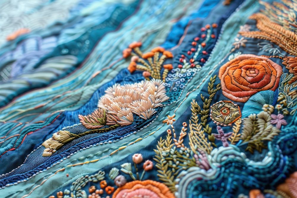 Seascape embroidery quilt art.