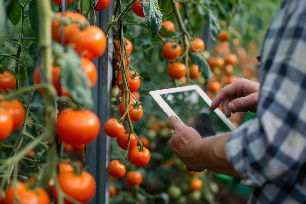 Farmer using a digital tablet outdoors produce person.