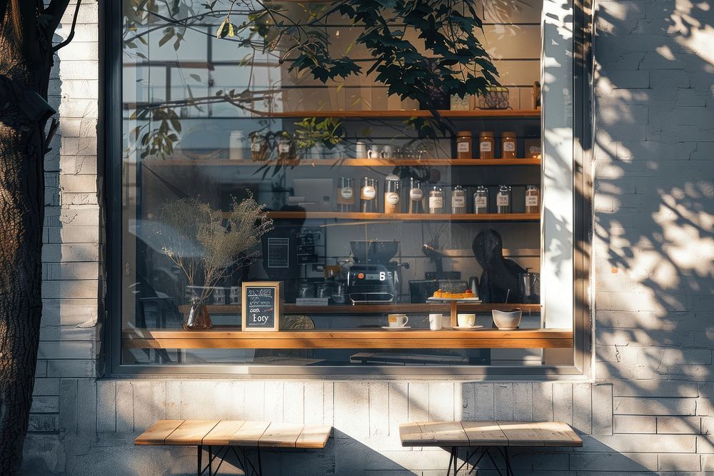 Coffee shop window mockup restaurant windowsill furniture.