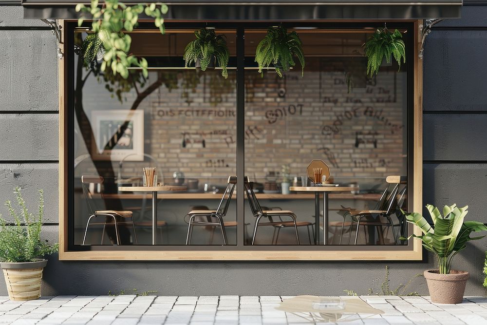 Coffee shop window mockup outdoors architecture restaurant.