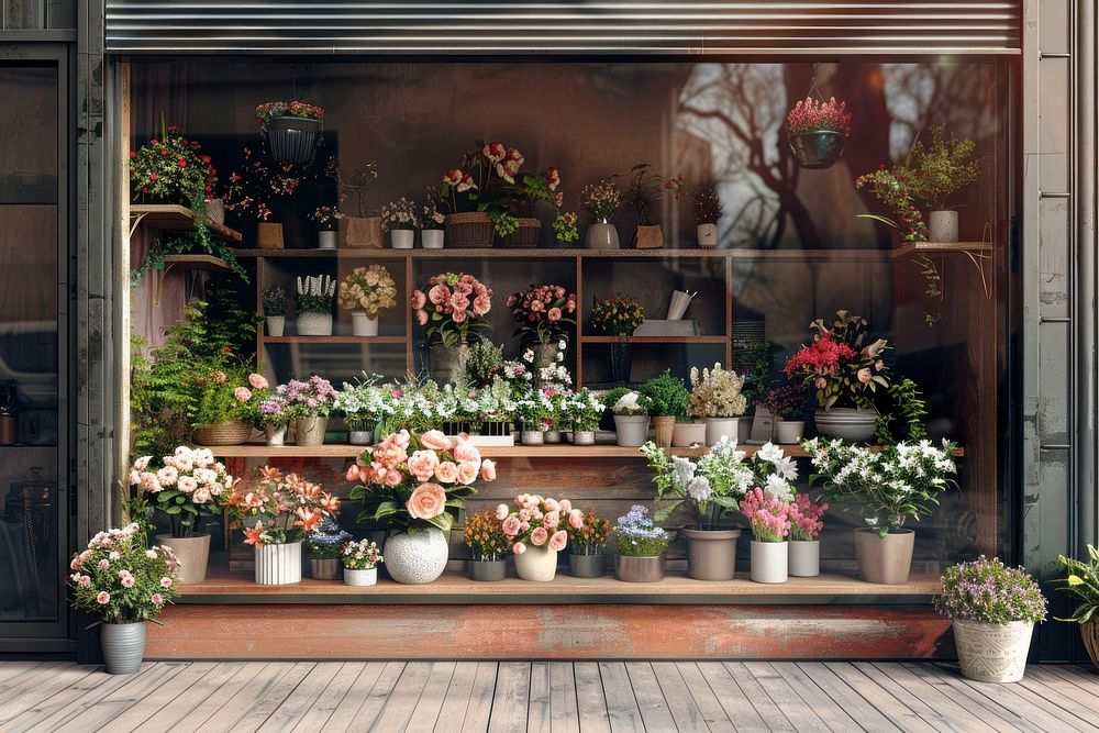 Flower shop window mockup blossom plant flower arrangement.