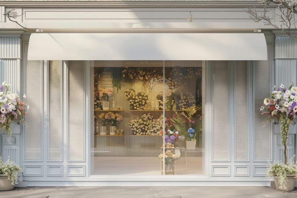 Luxury flower shop window mockup blossom plant flower arrangement.