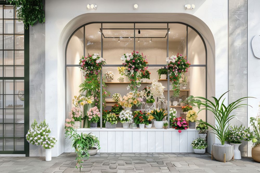 Luxury flower shop window mockup blossom indoors plant.