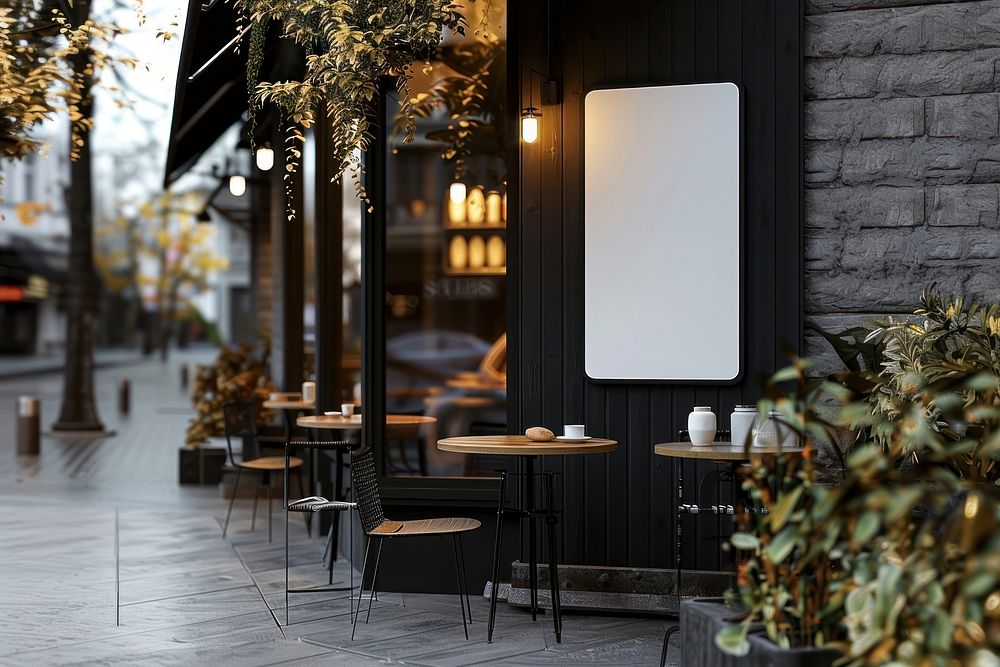 Blank acrylic sign mockup architecture restaurant furniture.