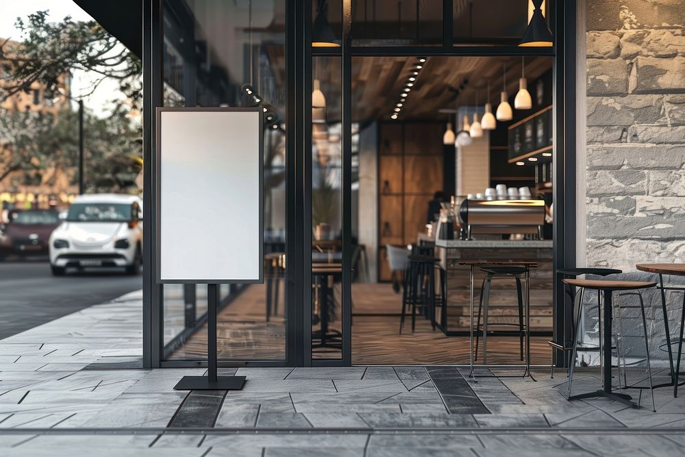 Blank sign base is acrylic glass mockup outdoors transportation restaurant.