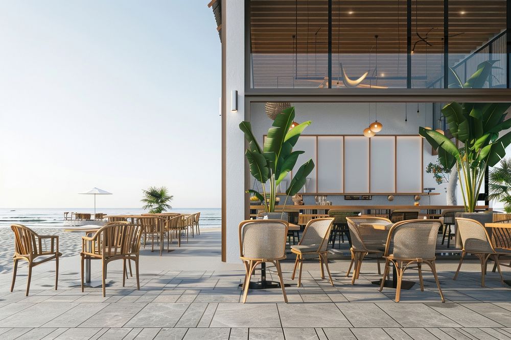 Seafood restaurant mockup outdoors architecture furniture.