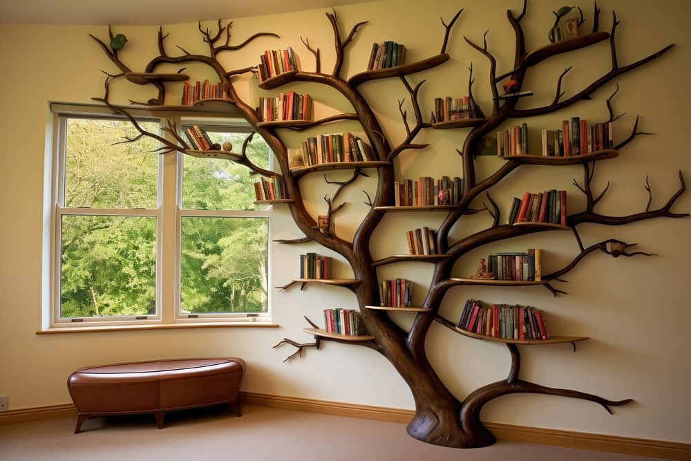 Bookshelf that resembles a climbing tree furniture bookcase indoors.