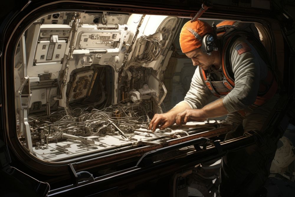 Astronaut repairing a damaged spaceship transportation manufacturing architecture.