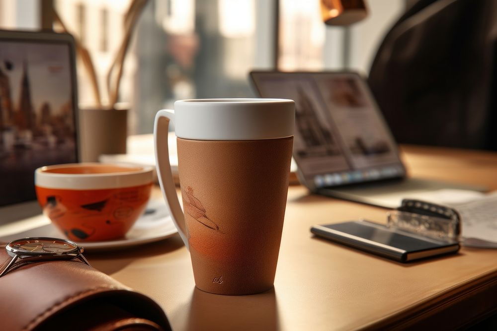 Travel mug laptop coffee desk.