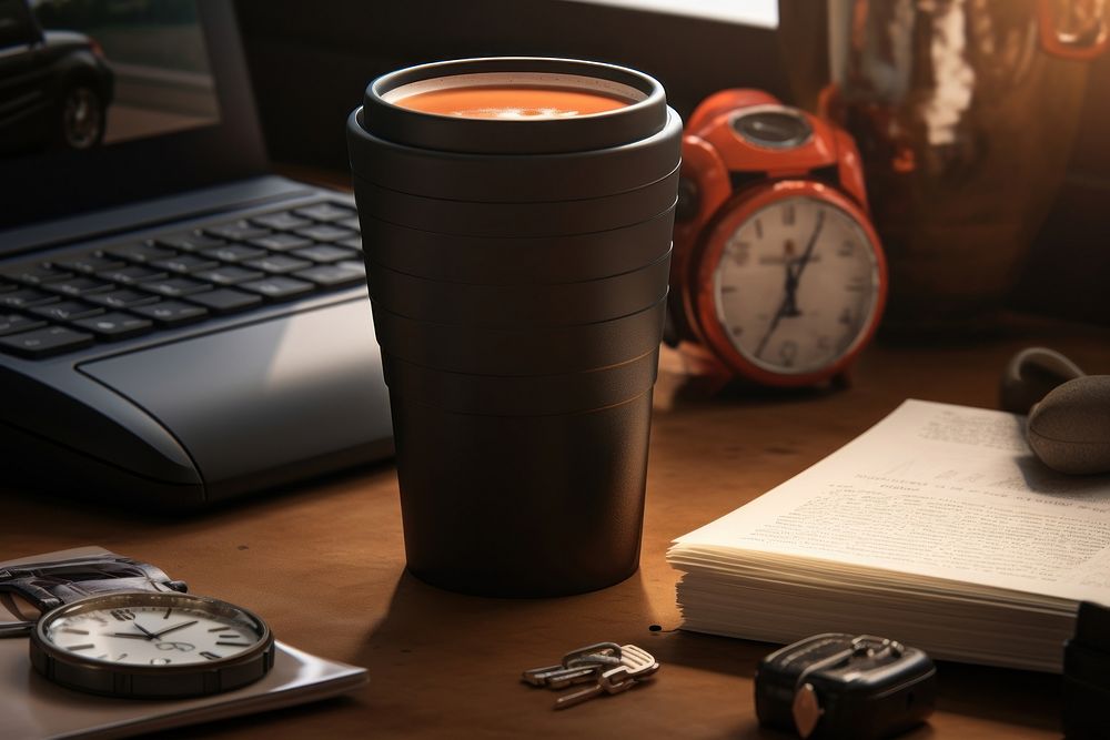 Travel mug laptop coffee transportation.