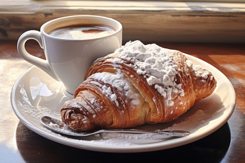 Flaky croissant on a plate beverage coffee drink.