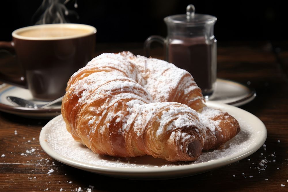 Flaky croissant on a plate beverage coffee bread.