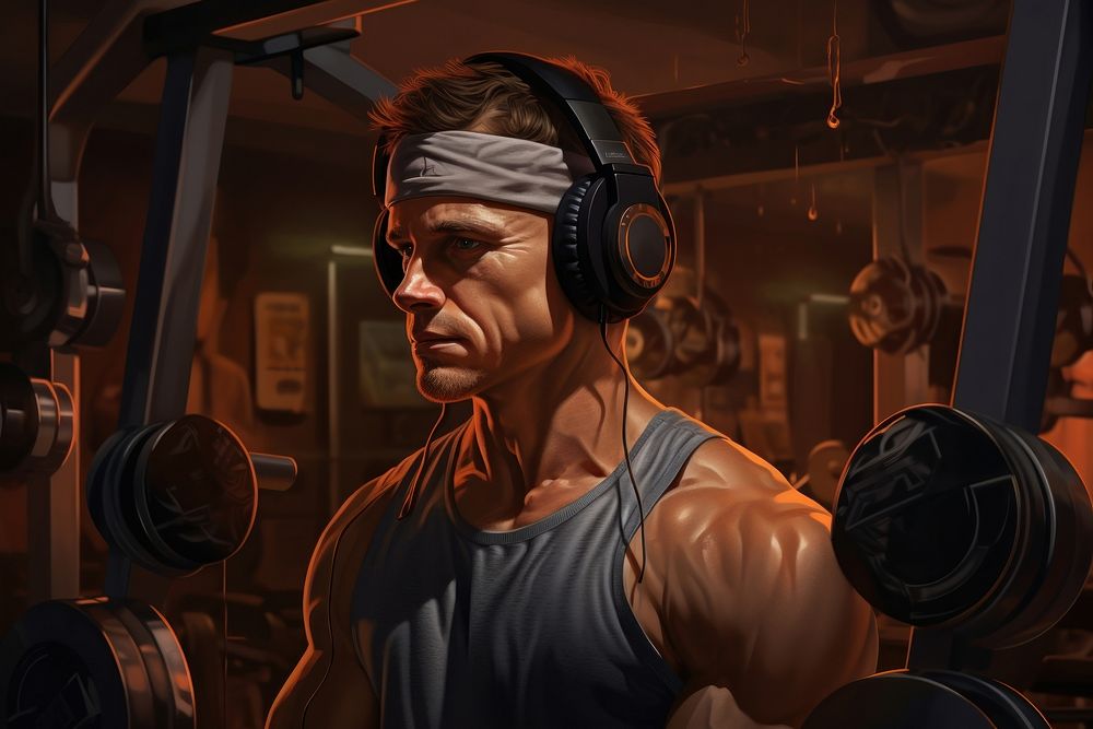 Man lifting weights in a home gym head electronics headphones.