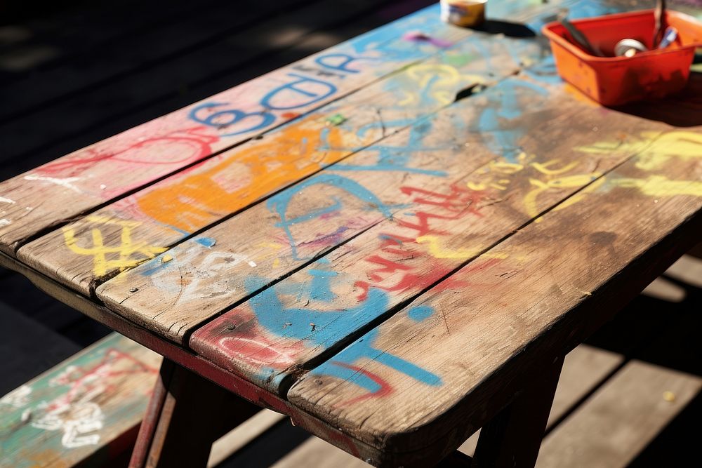 Picnic table graffitied with colorful tags wood furniture tabletop.
