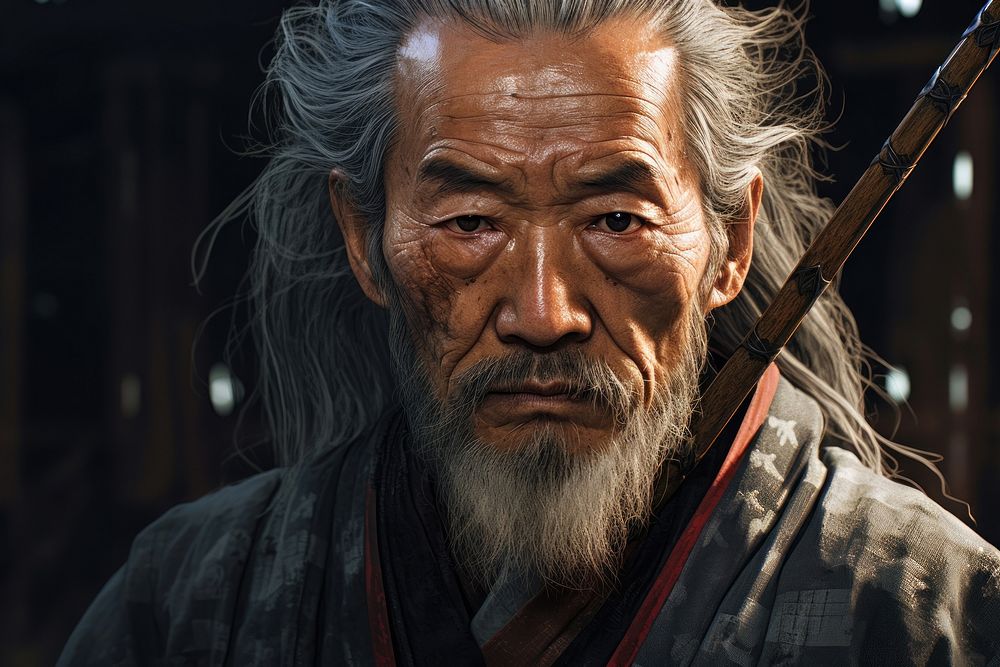 Elderly samurai warrior face person human.