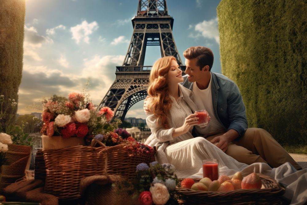 Couple picnicking beneath the Eiffel Tower recreation furniture romantic.