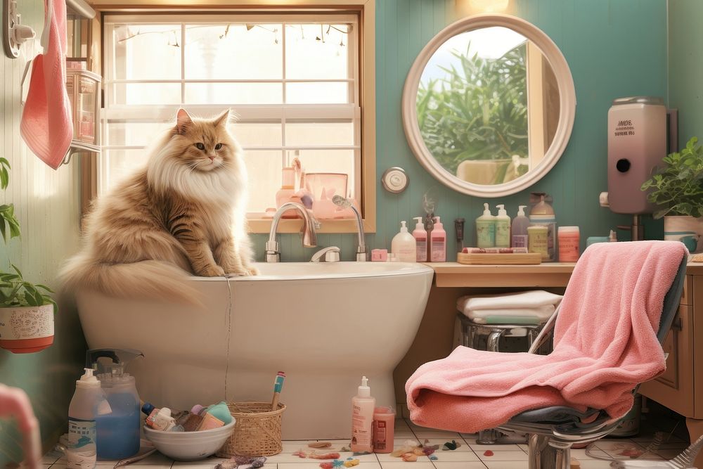 Cozy home grooming setup brush cat pet.