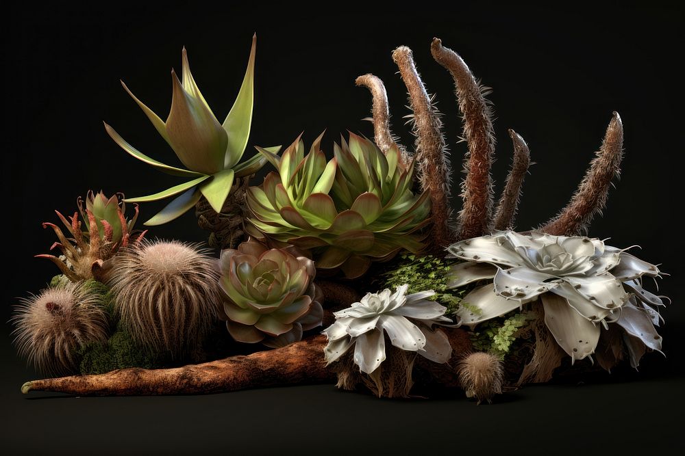 Collection of hairy succulents pineapple blossom produce.