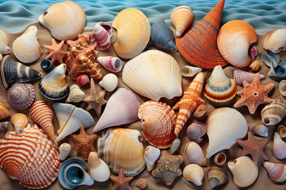 Collection of seashells displayed on a beach towel invertebrate seafood animal.