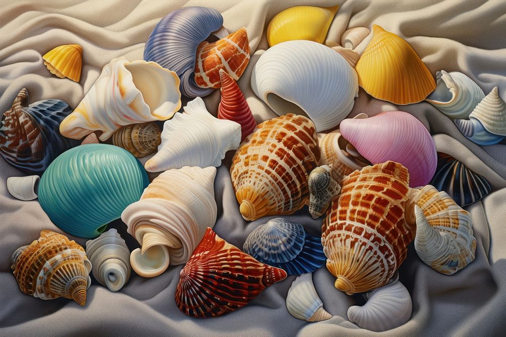 Collection of seashells displayed on a beach towel invertebrate seafood animal.
