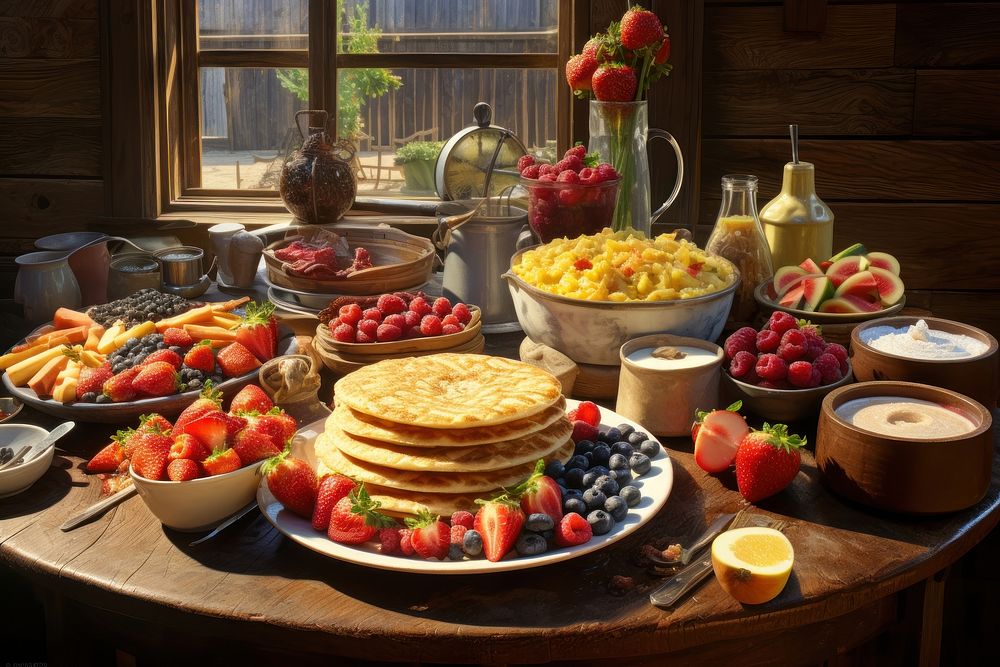 Brunch buffet on a rustic wooden table fruit furniture produce.