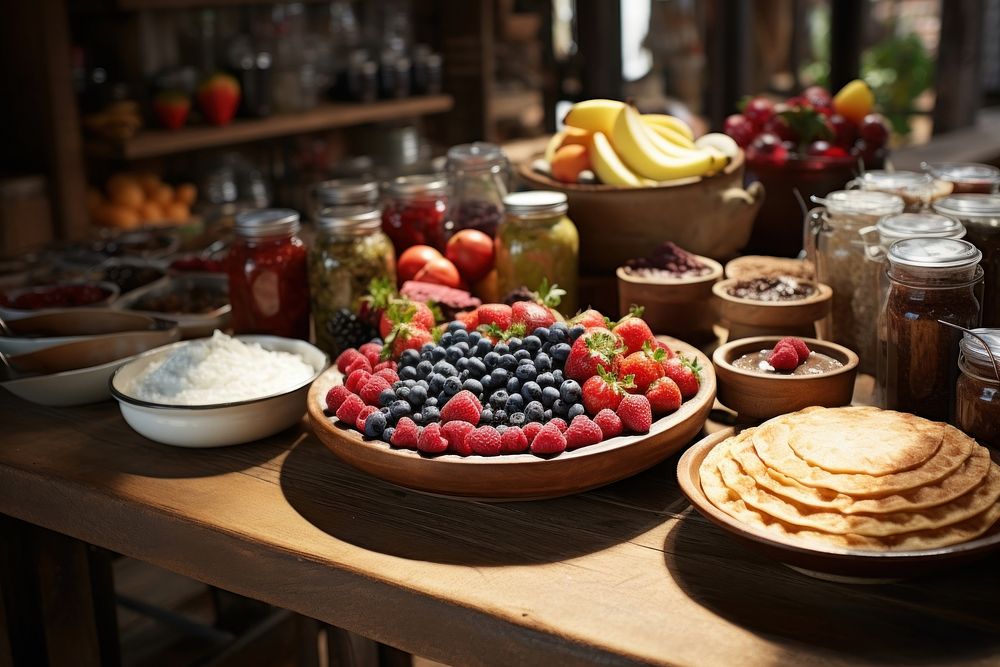 Brunch buffet on a rustic wooden table fruit blueberry produce.