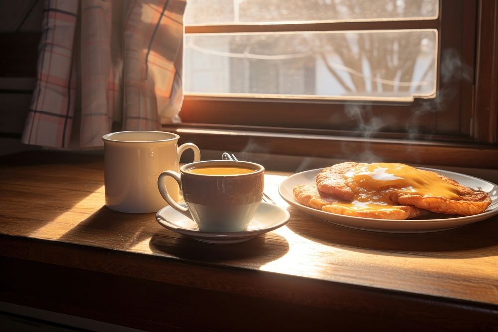 Breakfast table set for one window coffee cup.