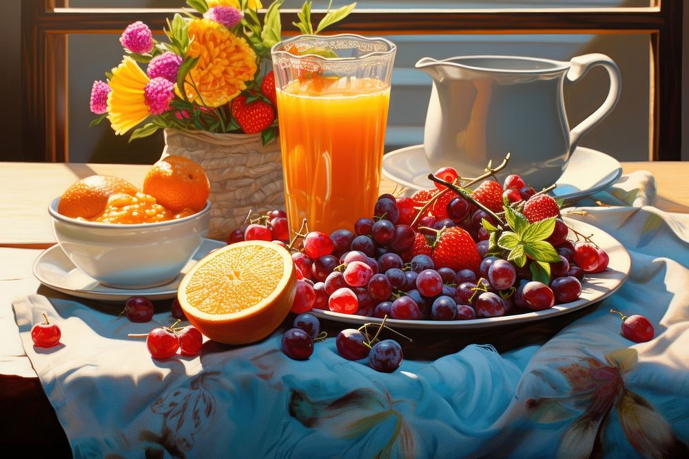 Breakfast table overflowing with colorful fruits and berries orange juice beverage.