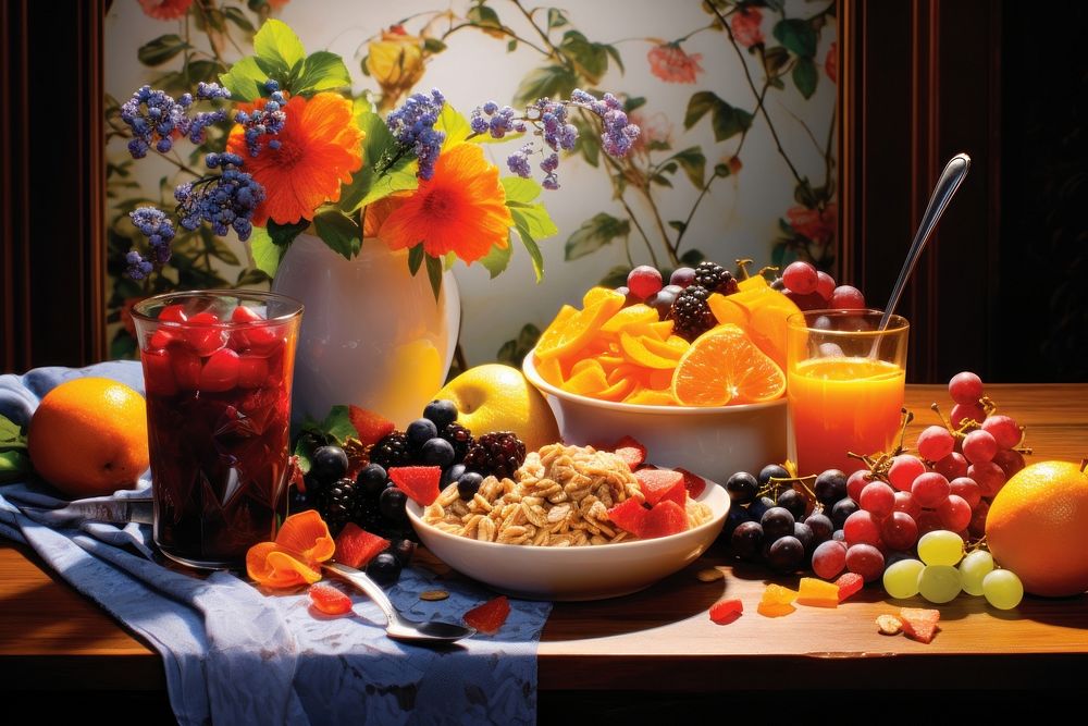 Breakfast table overflowing with colorful fruits and berries orange bowl beverage.