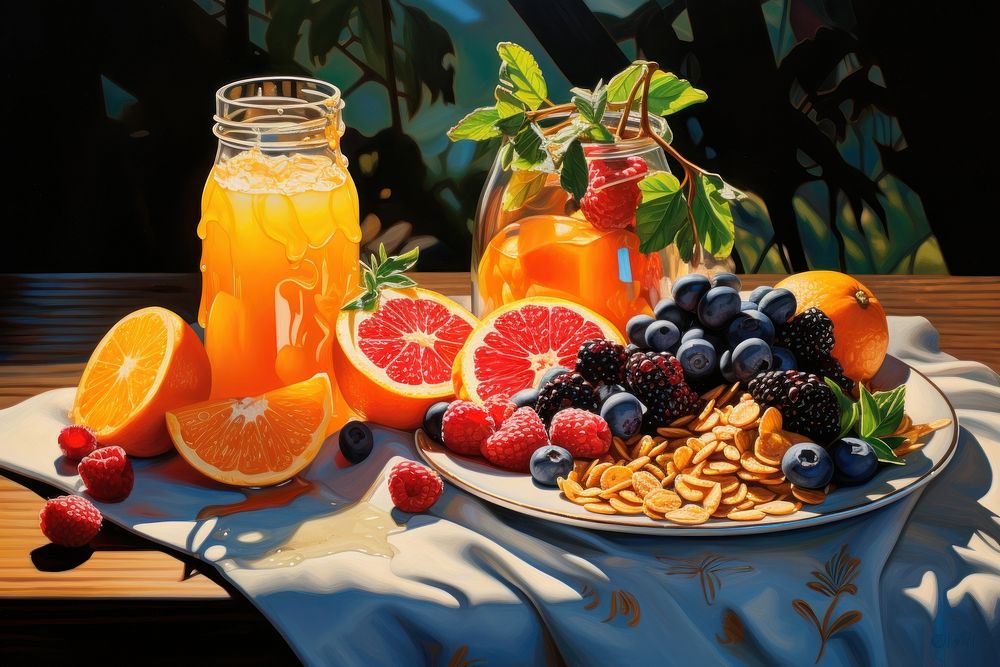 Breakfast table overflowing with colorful fruits and berries orange berry juice.