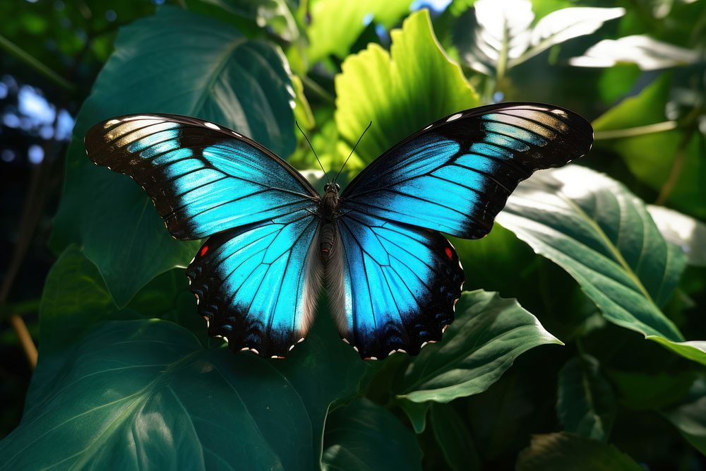 Butterfly with iridescent blue wings and black markings leaf invertebrate animal.