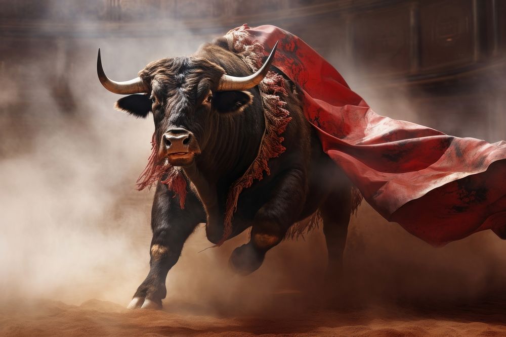 Bull snorting and pawing bullfighting bullfighter livestock.