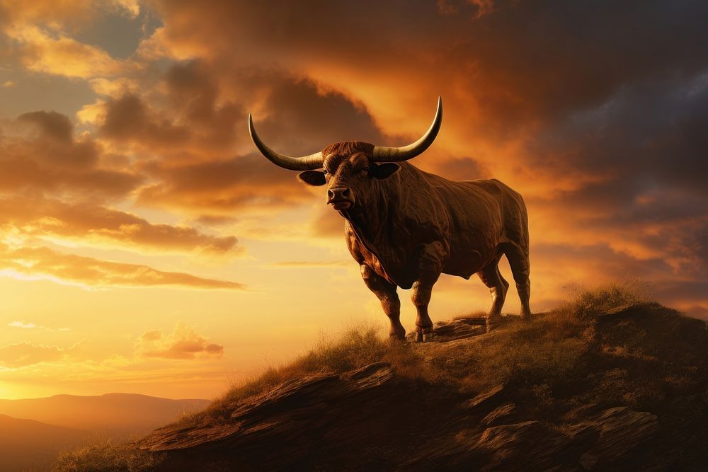 Bull standing on a hilltop at sunset livestock longhorn animal.
