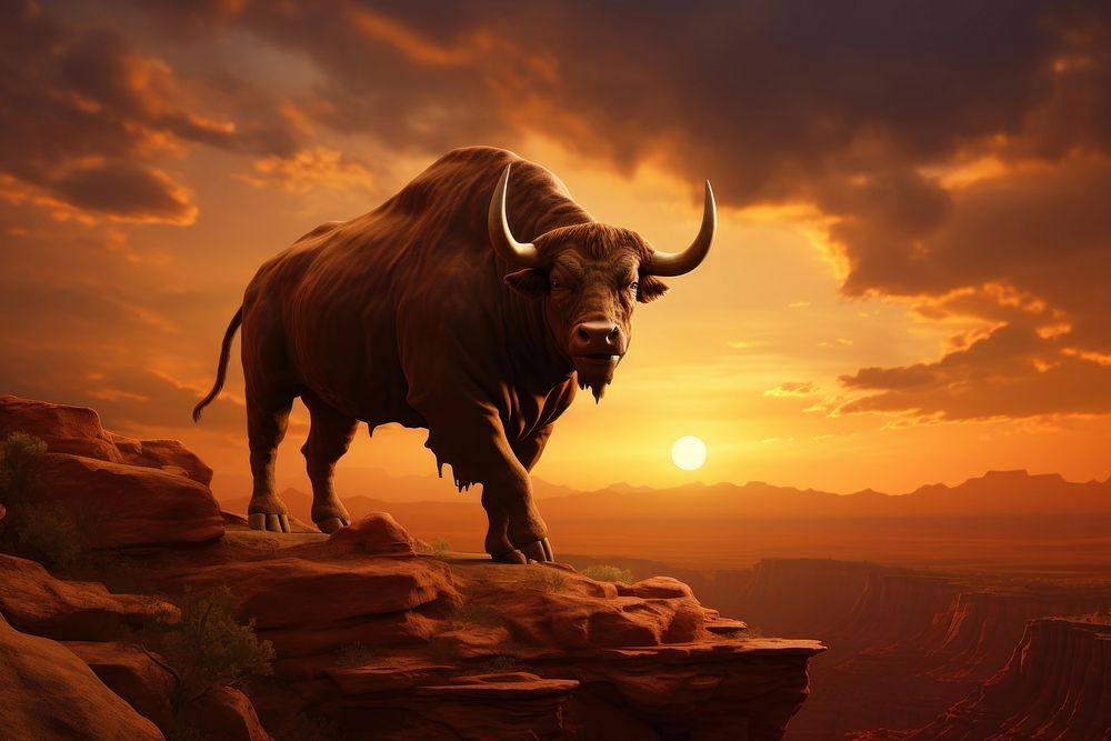 Bull standing on a hilltop at sunset livestock wildlife outdoors.