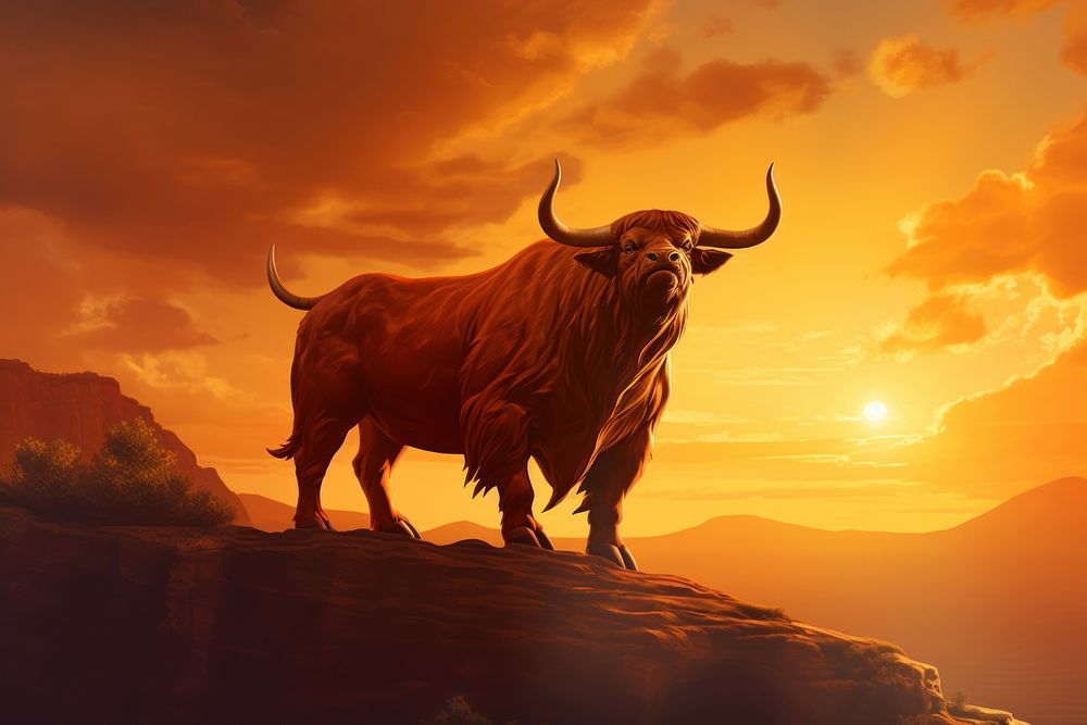 Bull standing on a hilltop at sunset livestock animal cattle.