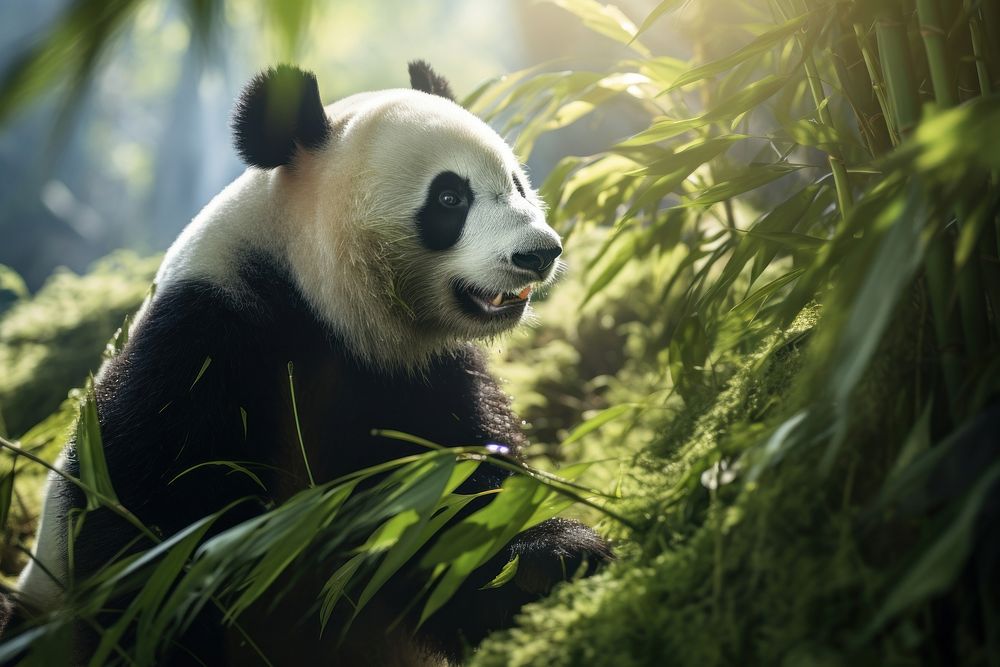 Giant panda munching on bamboo wildlife animal mammal.