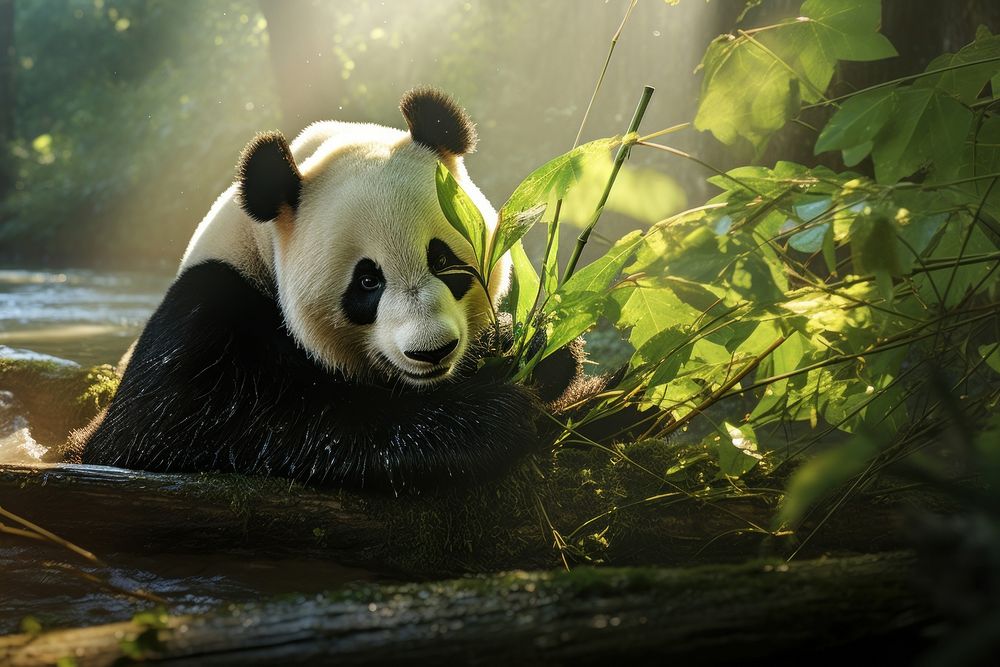 Giant panda munching on bamboo rainforest vegetation wildlife.