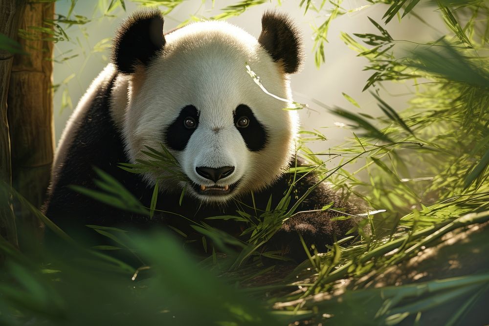 Giant panda munching on bamboo wildlife animal mammal.